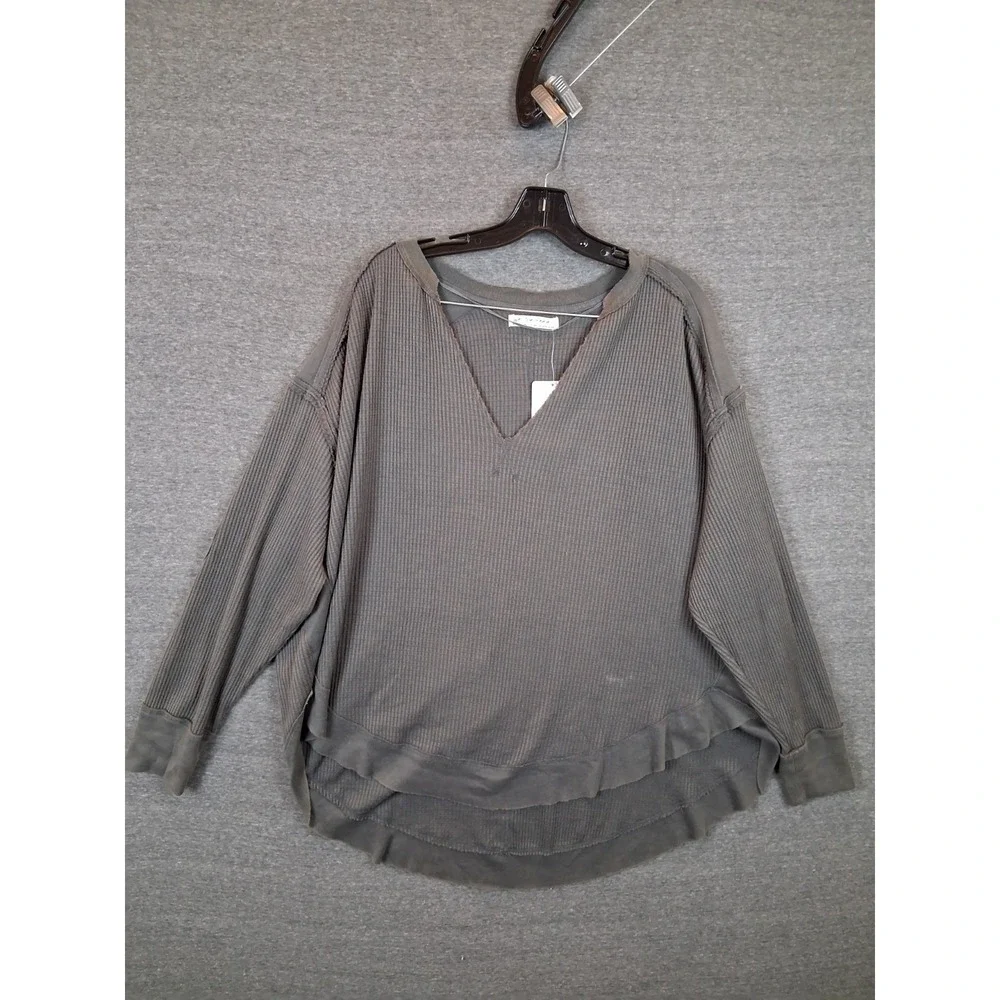 NEW Free People Shirt Womens Medium Gray Tunic Waffle Knit Casual Boho Oversized